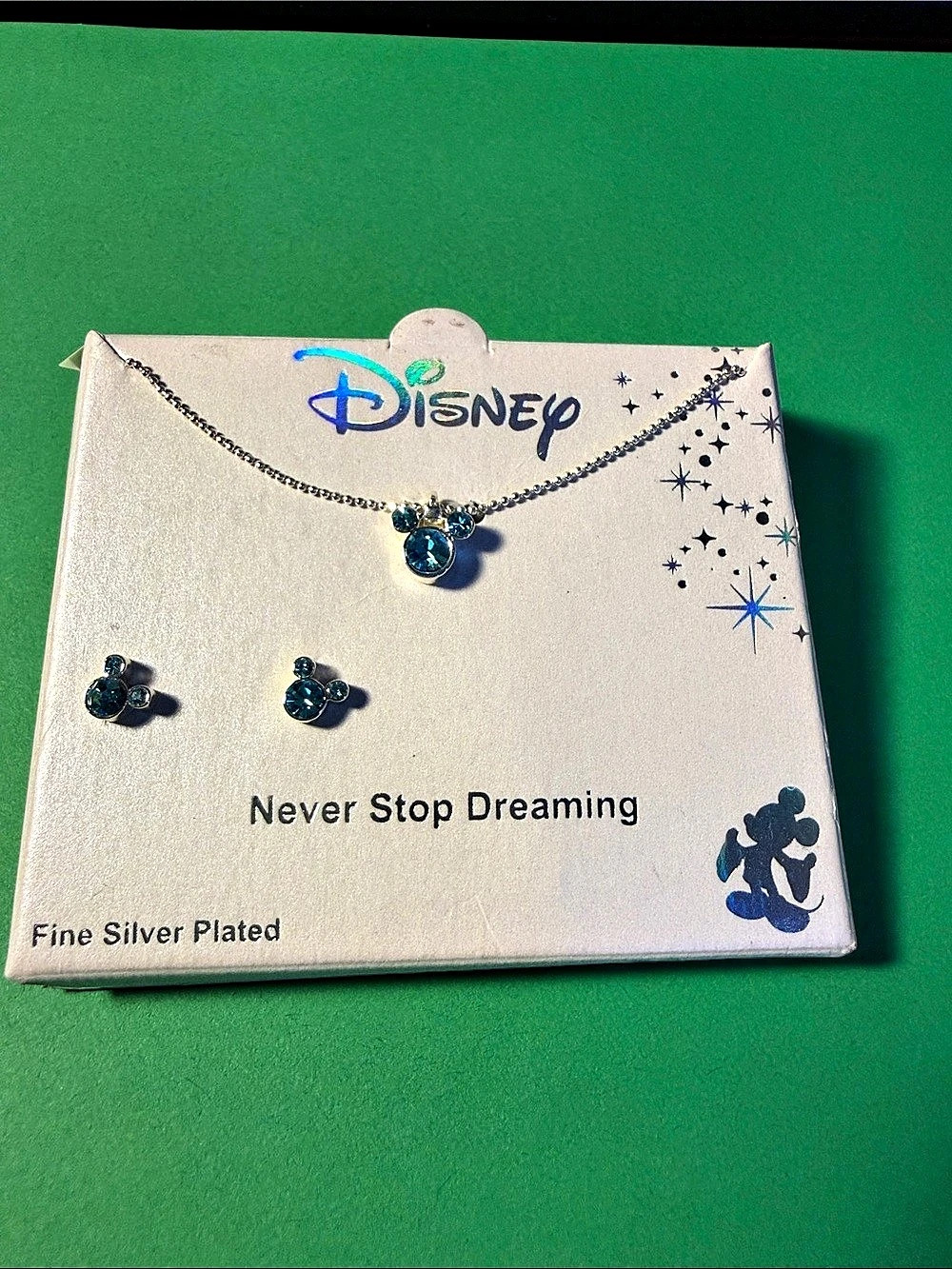 Disney Mickey Never Stop Dreaming Fine Silver Plated Necklace & Earring Set